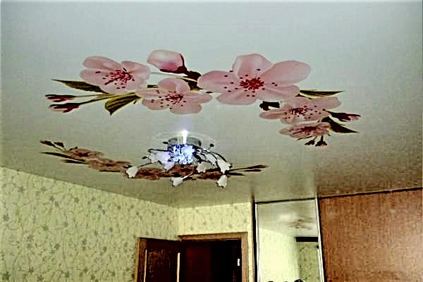 натяжной потолок с розовыми цветами